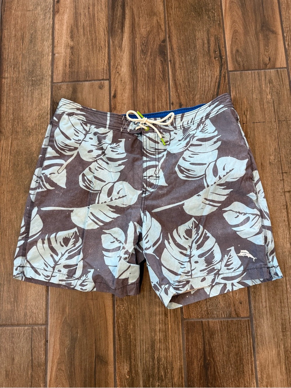 Tommy Bahama Brown Board Shorts with Pale Blue Tropical Leaf Print